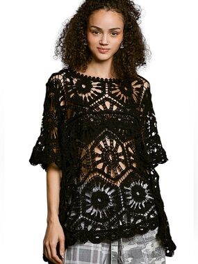 POL Black Crochet open knit short sleeve Top